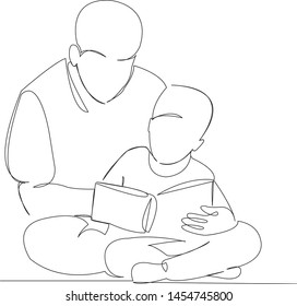 One continuous single drawn line art doodle book, father, child, son, boy. isolated image hand-drawn outline on white background.