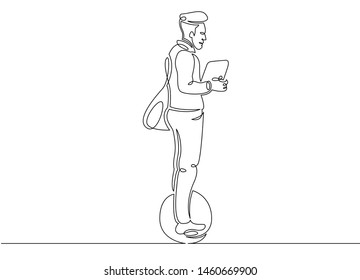 One continuous single drawn line art doodle device boy man loptop tablet , wheel, electric, transport, modern, drive, ride, mono, electrical, monowheel. Isolated image  hand drawn outline