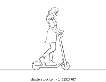 One continuous single drawn line art doodle girl, scooter, active, female, sport, young, ride, lifestyle, woman, summer, wheel, electric, skate, bike, power, scooter rider