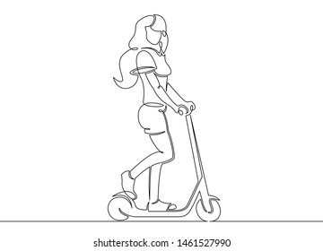 One continuous single drawn line art doodle girl, scooter, active, female, sport, young, ride, lifestyle, woman, summer, wheel, electric, skate, bike, power, scooter rider