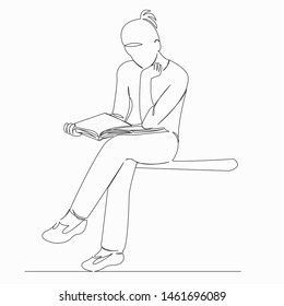 One continuous single drawn line art doodle book, girl, education, people, one, male. Isolated hand-drawn outline image on white background.