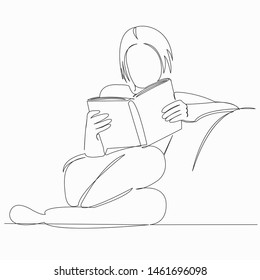 One continuous single drawn line art doodle book, girl, education, people, one, male. Isolated hand-drawn outline image on white background.