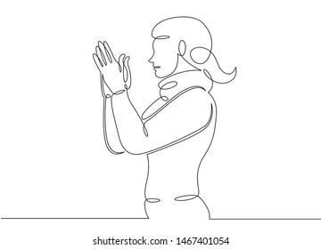 One continuous single drawn line art doodle girl, person, people, applause, female, woman, young, success, happy, lady . Isolated image  hand drawn outline  white background
