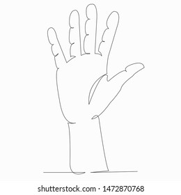 One continuous single drawn line art doodle hand, gesture, finger, score, symbol, language five. Isolated hand-drawn outline image on white background.