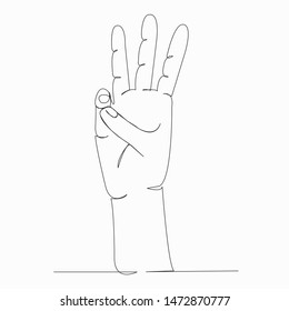 One continuous single drawn line art doodle hand, gesture, finger, score, symbol, language three . Isolated hand-drawn outline image on white background.