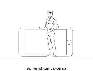 One continuous single drawn line art doodle man holds a giant smartphone,smartphons, phone, man, person, illustration, giant, mobile, device, concept