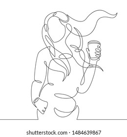 One continuous single drawn line art doodle  woman girl drinks a hot drink, a glass, a mug, a soft drink. Waving hair, beautiful hairstyle.