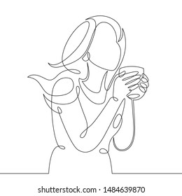 One continuous single drawn line art doodle  woman girl drinks a hot drink, a glass, a mug, a soft drink. Waving hair, beautiful hairstyle.