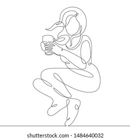 One continuous single drawn line art doodle  woman girl drinks a hot drink, a glass, a mug, a soft drink. Waving hair, beautiful hairstyle.