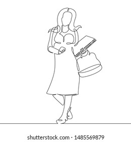 One continuous single drawn line art doodle  woman girl female student, schoolgirl, teacher, tutor with a textbook book in hands. Education concept