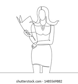 One continuous single drawn line art doodle  woman girl female student, schoolgirl, teacher, tutor with a textbook book in hands. Education concept