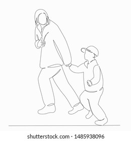 One continuous single drawn line art doodle mom, son, love, walk, parents, children . Isolated hand-drawn outline image on white background.