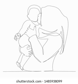 One continuous single drawn line art doodle muslim woman with baby son. Isolated hand-drawn outline image on white background.