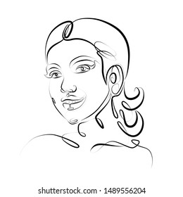 One continuous single drawn line art doodle curl pattern beautiful woman portrait, gorgeous hair, charming eyes. Concept for printing t-shirts and posters.