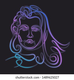 One continuous single drawn line art doodle curl pattern beautiful woman portrait, gorgeous hair, charming eyes. Concept for printing t-shirts and posters.Neon, glow, gradient, dark background