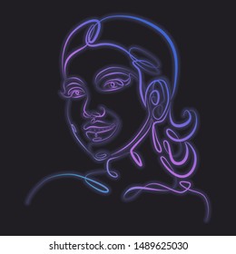 One continuous single drawn line art doodle curl pattern beautiful woman portrait, gorgeous hair, charming eyes. Concept for printing t-shirts and posters.Neon, glow, gradient, dark background