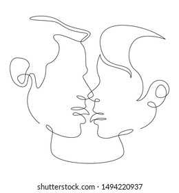 One continuous single drawn line art doodle Kissing love, couple, kiss, man, woman, lover, face . Isolated image  hand drawn outline  white background.