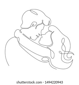 One continuous single drawn line art doodle Kissing love, couple, kiss, man, woman, lover, face . Isolated image  hand drawn outline  white background.