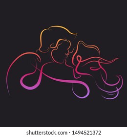 One continuous single drawn line art doodle curl loving kissing couple, kiss, love, hugs . Concept for printing t-shirts and posters.Gradient color, dark background