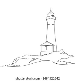 One continuous single drawn line art doodle sea, beach, lighthouse, landscape, cliff, ocean, coast, rock, tower, bay. Isolated image  hand drawn outline  white background.