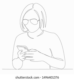 One continuous single drawn line art doodle girl, female, phone, glasses, woman. isolated image hand-drawn contour on a white background