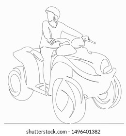 One continuous single drawn line art doodle sport, girl, quad, motor, extreme. isolated image hand-drawn contour on a white background