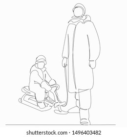 One continuous single drawn line art doodle mother, child, winter, outdoor, sled. isolated image hand-drawn contour on a white background