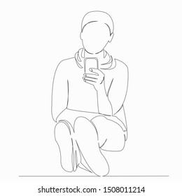 One continuous single drawn line art doodle cellphone, phone, boy, mobile, happy. isolated image hand-drawn contour on a white background