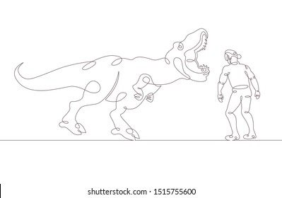 One continuous single drawn line art doodle a man in a virtual reality helmet looks at a tyrannosaurus dinosaur,vr technology . Isolated image  hand drawn