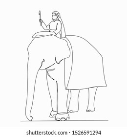 One continuous single drawn line art doodle indian, elephant, asia, rajasthan, soldier. isolated image hand-drawn contour on a white background