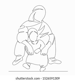 One continuous single drawn line art doodle people, indian, mother, child, baby. isolated image hand-drawn contour on a white background