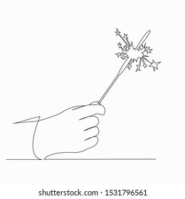 One continuous single drawn line art doodle line, sparkler, firework, hand, celebration, fire. isolated image hand-drawn contour on a white background