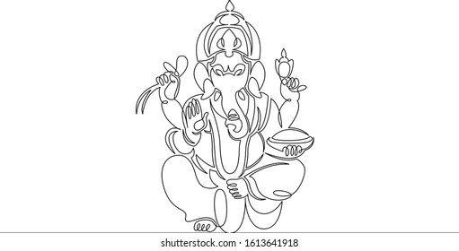 One continuous single drawn line art doodle spirituality happy ganesh indian culture .Isolated image of a hand drawn outline on a white background.