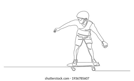 One continuous single drawn line man playing skateboard. vector illustration.