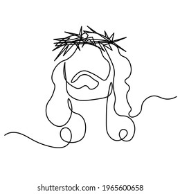 One continuous single drawn line art doodle spirituality Jesus Christ a wreath on his head.Isolated image of a hand drawn outline on a white background.
