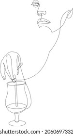 One continuous single drawn line art doodle cocktail, girl, woman, glass, drink. Isolated hand-drawn outline image on white background.