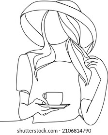 One continuous single drawn line art doodle woman girl drinks a hot drink, a glass, a mug, a soft drink. Waving hair, beautiful hairstyle.