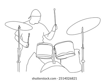 Una línea dibujada única continua de arte doodle man rock and roll, banda de rock, instrumentos de percusión de músico, batería, percusión. Fondo blanco de contorno dibujado a mano de Imagen aislada.