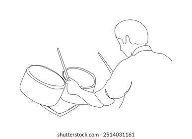 One continuous single drawn line art  rock band, man rock and roll, musician percussion instruments, drummer, percussion . Image hand drawn outline white background.