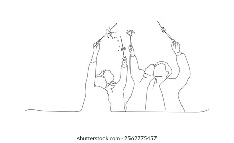 One continuous single drawn line art doodle line, sparkler, firework, hand, celebration, fire.  Outdoor fun. Kids, your mom and dad are putting on a firecracker show. Hand made vector not AI 