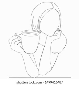 One continuous single line art doodle drawing single, image, tea, milk, coffee, girl, drink. isolated image hand-drawn contour on a white background