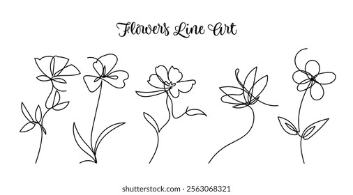 One continuous single line art flowers blossom hand-drawing collection.Vector illustration