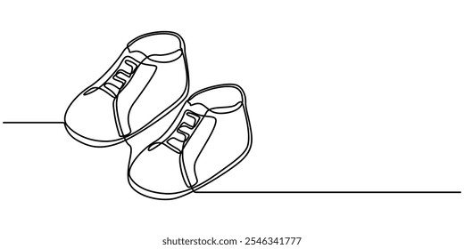 Uma única linha contínua de sapatos de bebê isolados sobre fundo branco. chinelos de crianças, sapatos, botas uma linha arte. desenho de linha contínua de roupas, vestido, crianças s, guarda-roupa, vestir-se, limpo