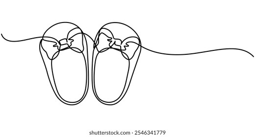 One continuous single line of baby shoes isolated on white background. Children s slippers, shoes, booties one line art. Continuous line drawing of clothes, dress, children s, wardrobe, dress up, neat