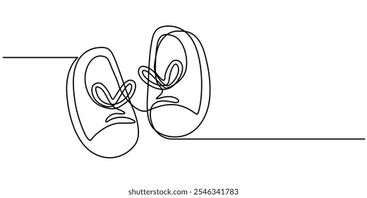 Uma única linha contínua de sapatos de bebê isolados sobre fundo branco. chinelos de crianças, sapatos, botas uma linha arte. desenho de linha contínua de roupas, vestido, crianças s, guarda-roupa, vestir-se, limpo