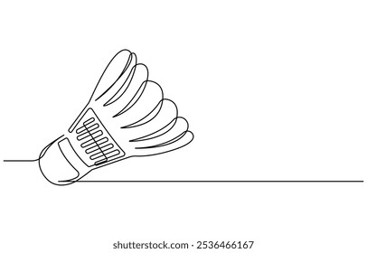One continuous single line of badminton for sport theme isolated on white background. Badminton shuttlecock one line art. Continuous line drawing of badminton, sport, fitness, feather