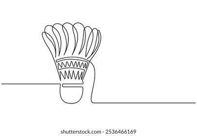 One continuous single line of badminton for sport theme isolated on white background. Badminton shuttlecock one line art. Continuous line drawing of badminton, sport, fitness, feather