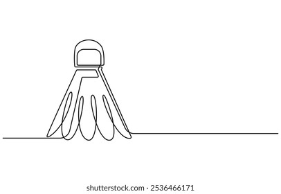 One continuous single line of badminton for sport theme isolated on white background. Badminton shuttlecock one line art. Continuous line drawing of badminton, sport, fitness, feather