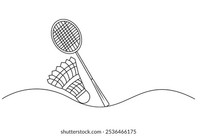 One continuous single line of badminton for sport theme isolated on white background. Badminton shuttlecock one line art. Continuous line drawing of badminton, sport, fitness, feather