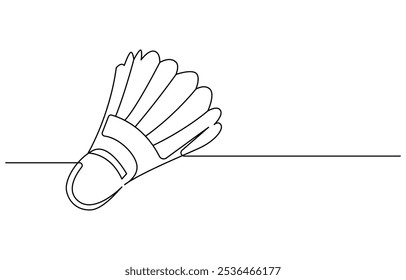 One continuous single line of badminton for sport theme isolated on white background. Badminton shuttlecock one line art. Continuous line drawing of badminton, sport, fitness, feather